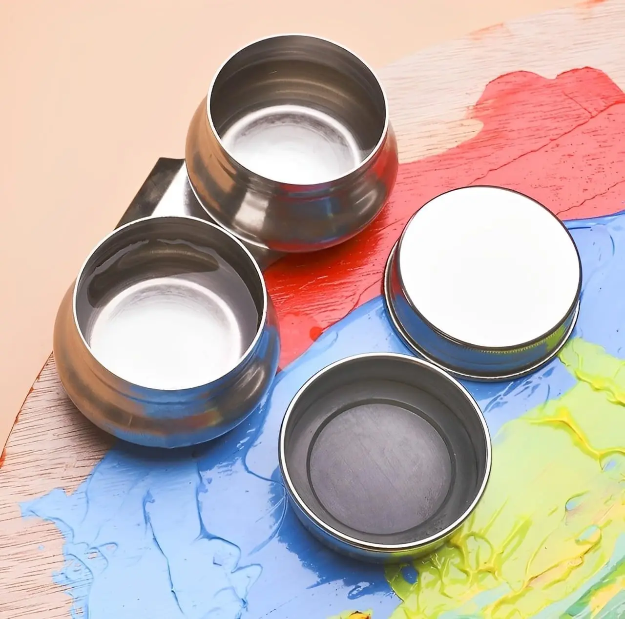 Edelstahl-Doppel-/Einzelschöpfer-Palette für Ölgemälde, Tasse mit Deckel und Clip, auslaufsicherer tragbarer Behälter, Clip-on-Palette – Detail 9