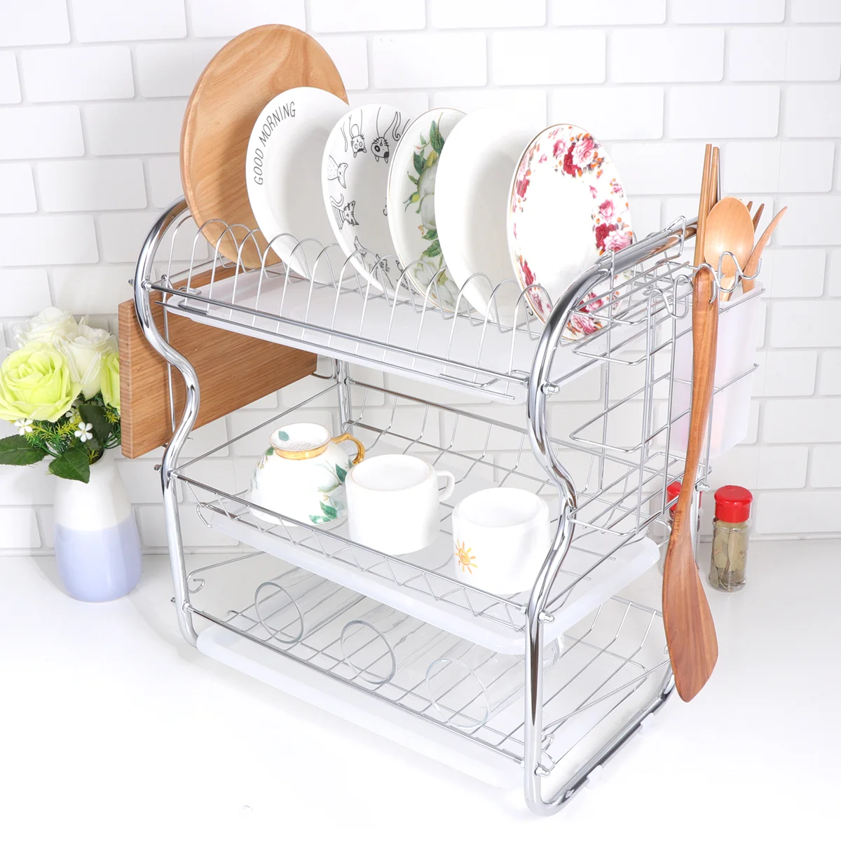 

Kitchen Cutlery Drain Rack Layer Dish Drainer Iron Storage Organizer Rustproof Dishes Plates Organization Shelf