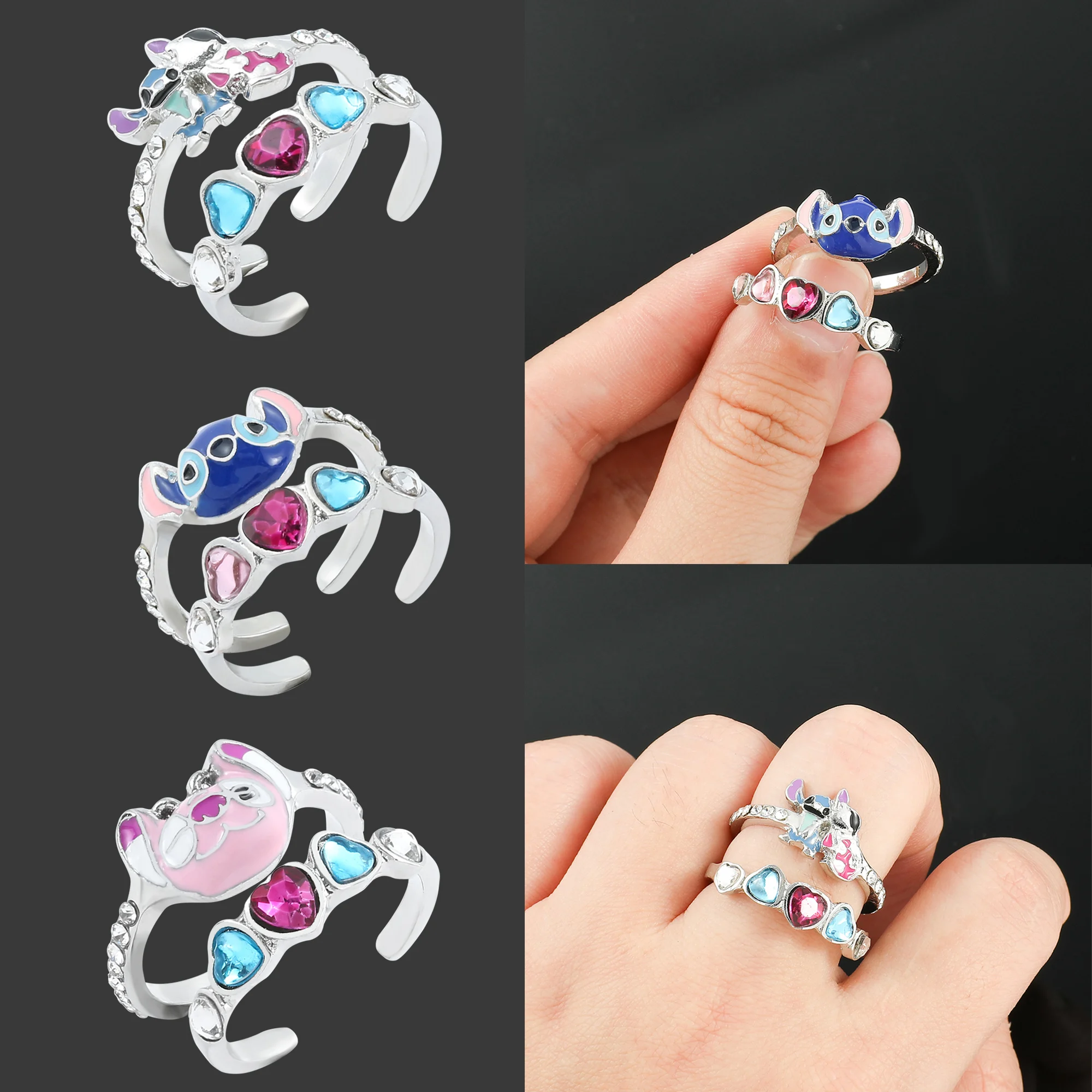 Bague Disney Lilo Stitch Leroy, Double couche de diamant, anneau ouvert et  réglable, Figure de dessin animé, mode coréenne, bijoux cadeaux - AliExpress