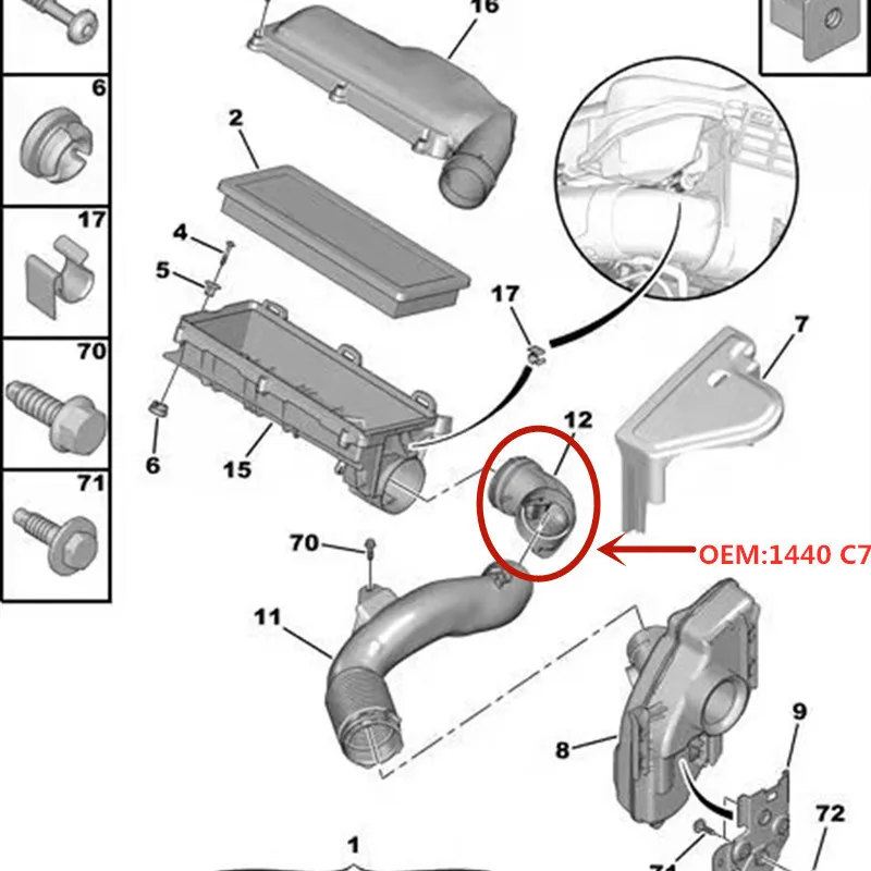 푸조 3008 207 308 RCZ 시트로엥 DS5 C4 공기 흡입 파이프, 1440C7, 1 개