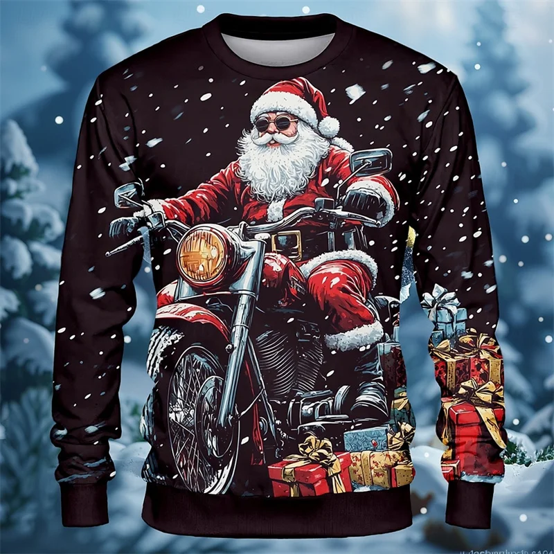 3D Printed Funny Christmas Sweatshirt For Men Music Motorcycle Santa Claus Pattern Pullover Casual O-Neck Long Sleeve Hoodies