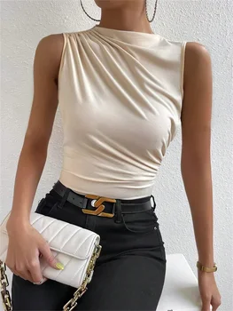 Fashion Casual Mock Neck Ruched Tank Top for Women Summer 2024 Solid Color Pleated Sleeveless Tee Shirt Tshirt Streetwear Y2K 1