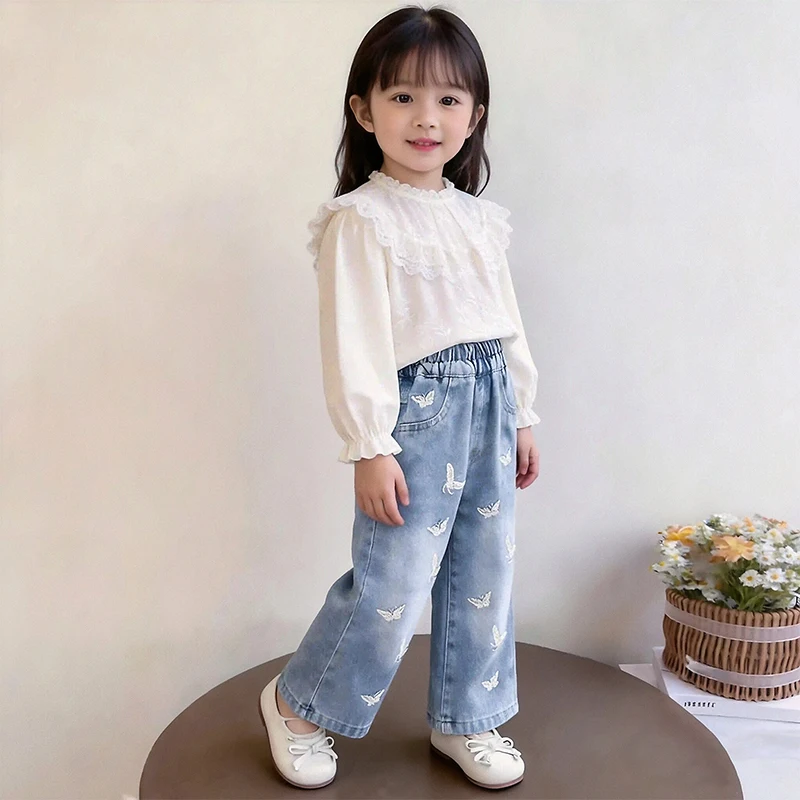 여아 청바지 봄 가을 여아 워싱 소프트 데님 아동 한국 스타일 스트레이트 와이드 팬츠 루즈핏 롱 팬츠