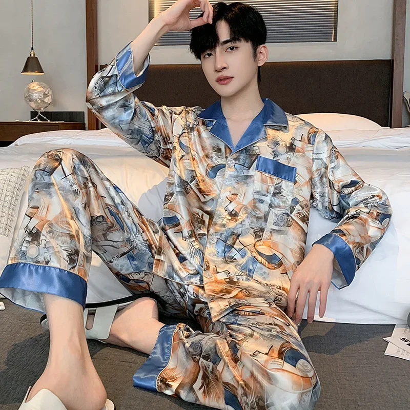 Mens Stain Silk Pajama Sets Long Sleeve Short Sleeve Shorts Men Pijama Printed Pajamas Men Sleepwear Thin Silk Pajama For