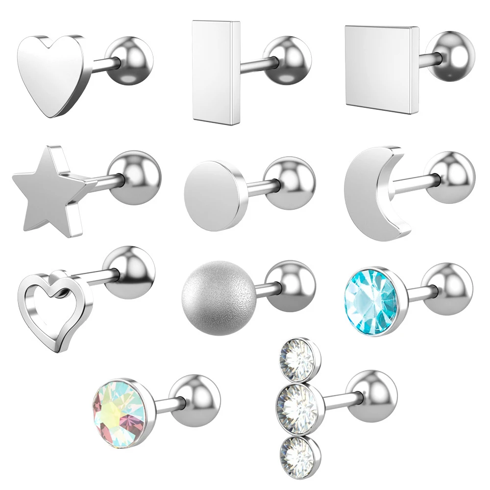 2pcs Women Men Heart Triangle Square Star Moon Zircon Stainless steel Piercing Ear Studs Earrings Helix Tragus Cartilage |