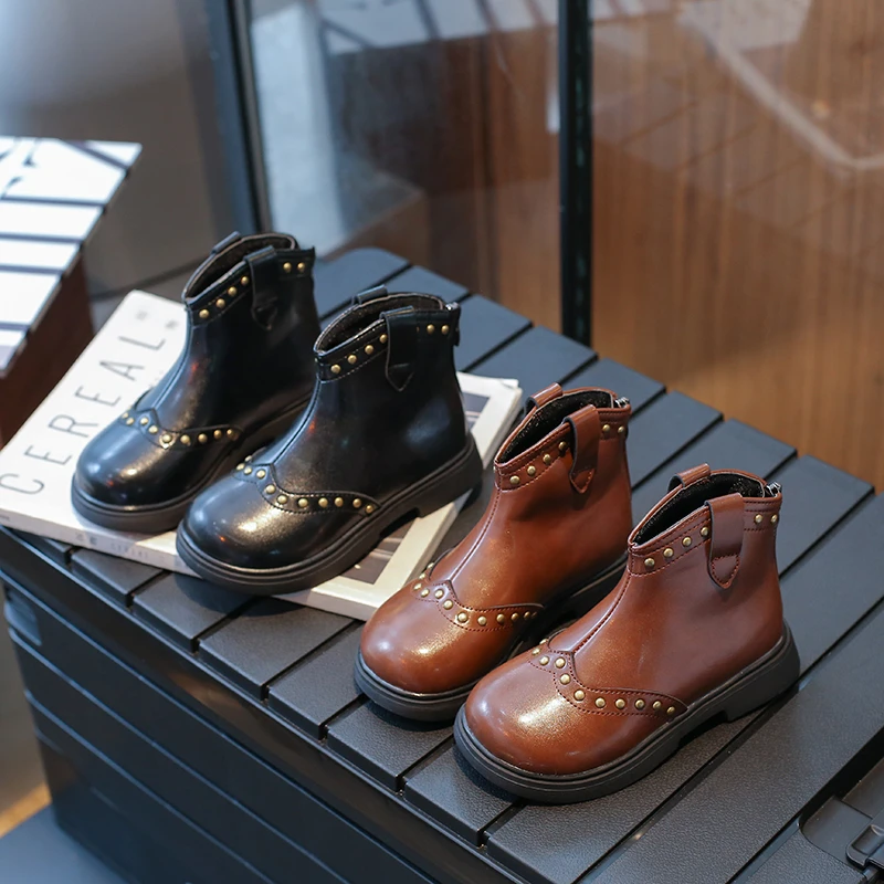 Kids PU Ankle Boots with Rivets for Boys and Girls