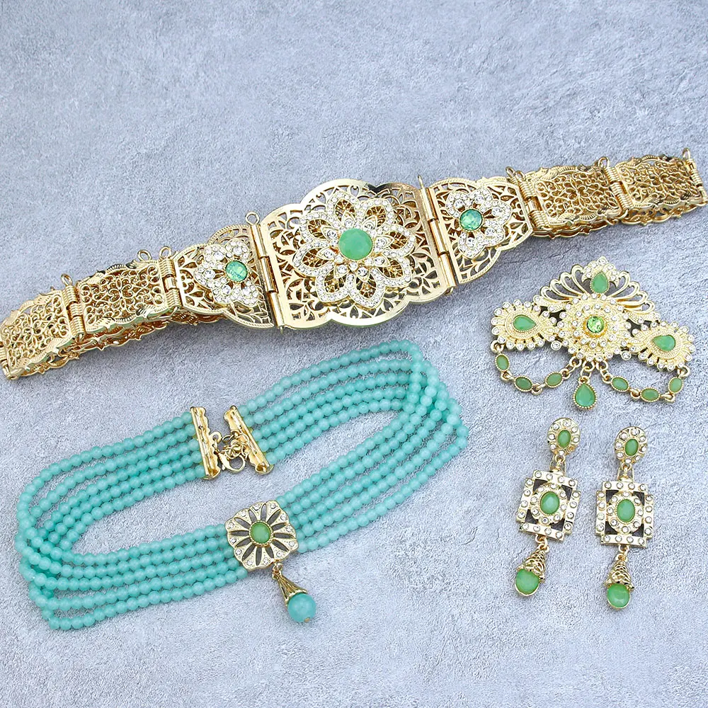 Sunspicems Arabic Bride Jewelry Sets For Women Gold Color Bead Pearl Choker Necklace Caftan Waist Belt Earring Morocco Brooch