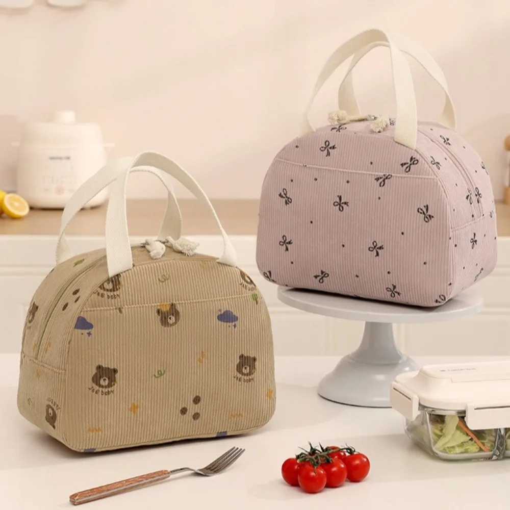 New Corduroy Lunch Bag Thermal Insulated Multi-functional Cooler Bag Cute Bear Bow Storage Handbag for Kids School