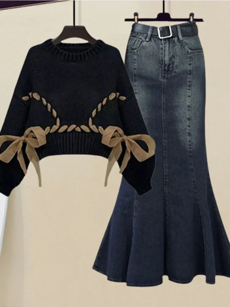 Autumn Gentle Style Women's 2023 New Korean Edition Celebrity Style Knitted Top Denim Fishtail Skirt Two Piece Set
