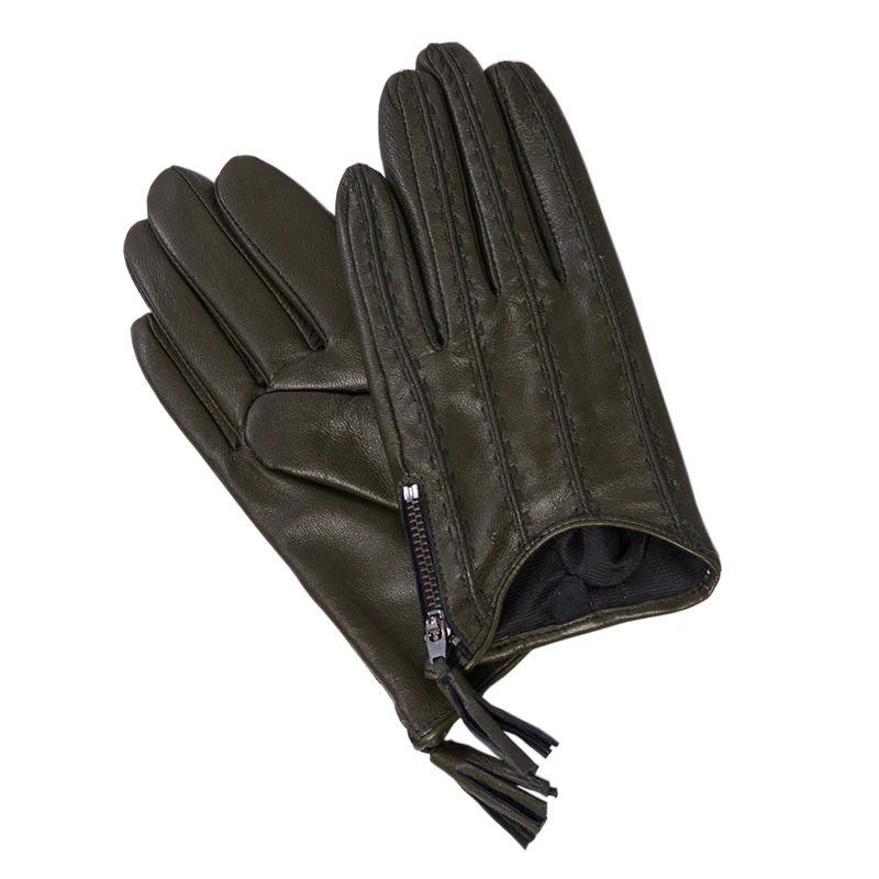 Touchscreen Gloves Female Real Leather Pure Imported Sheepskin Tassel Zipper Short Style18cm Blue Women Leather Gloves WZP67