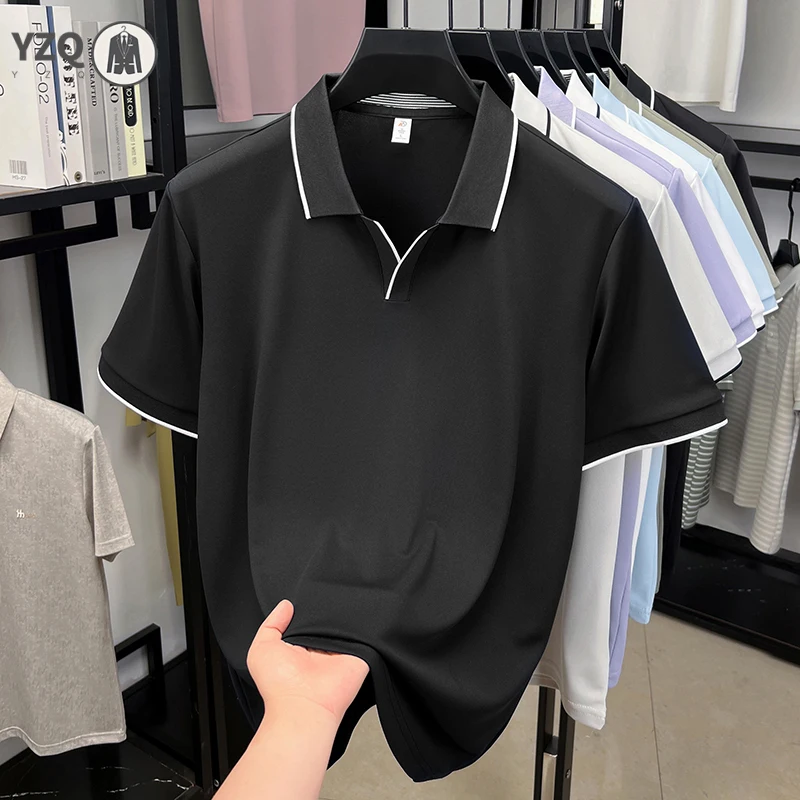 Polo da uomo business casual con risvolto, bordo rifinito, in seta ghiaccio, resistente al sudore, fresco, leggero, estivo, abbigliamento basic - immagine 5