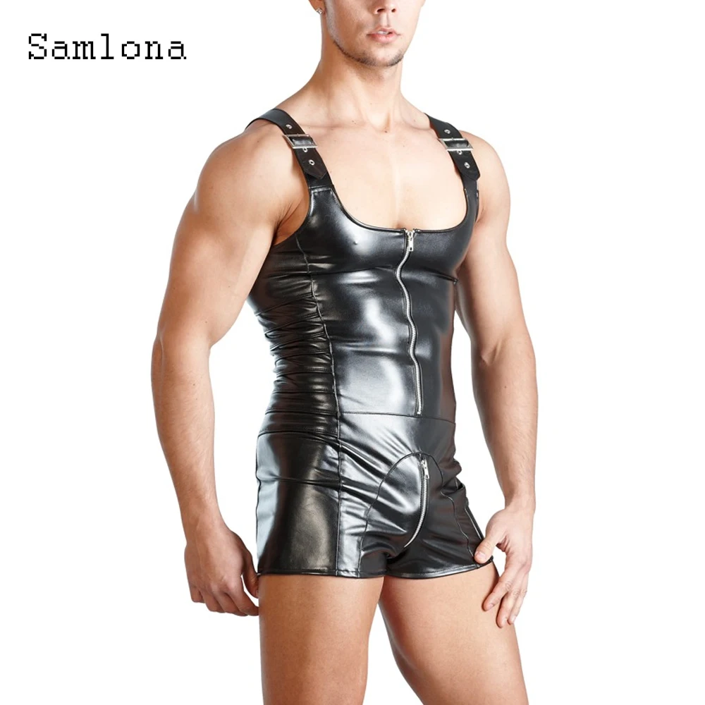 Mens Faux Leather Erotic Tank Top Sleeveless Fetish Costume Playsuits