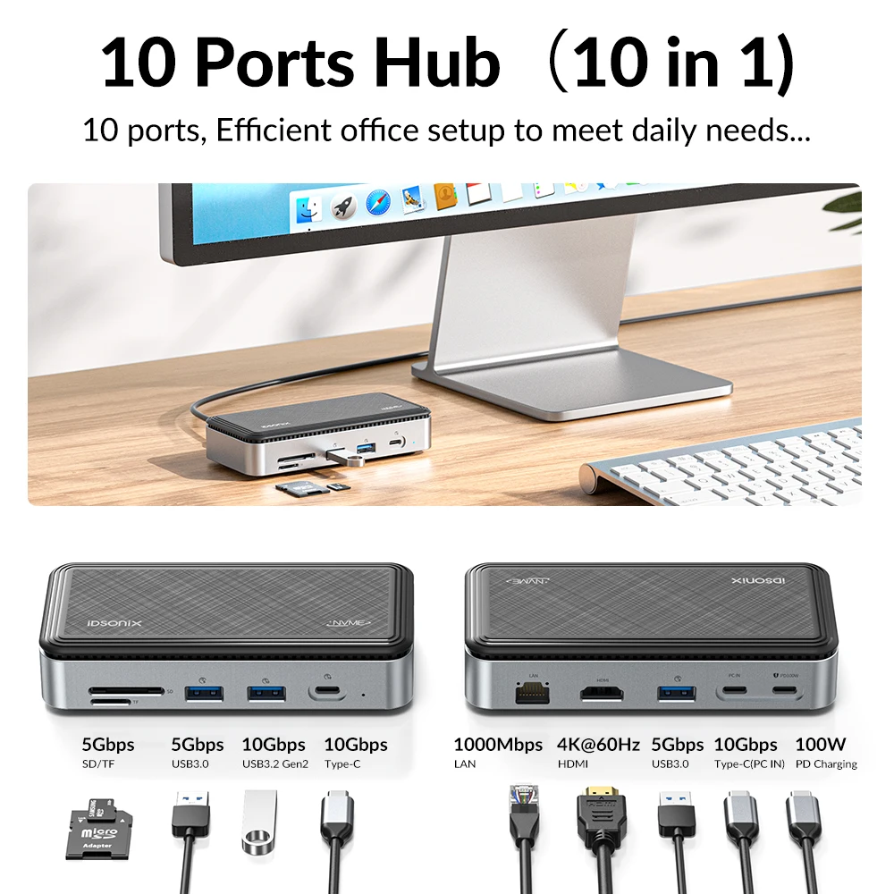 iDsonix NVMe 인클로저 10Gbps USB 3.2 허브 도킹 스테이션 SATA SSD 케이스 멀티 포트 USB 분배기 HDMI 호환 SD/TF 카드 리더기