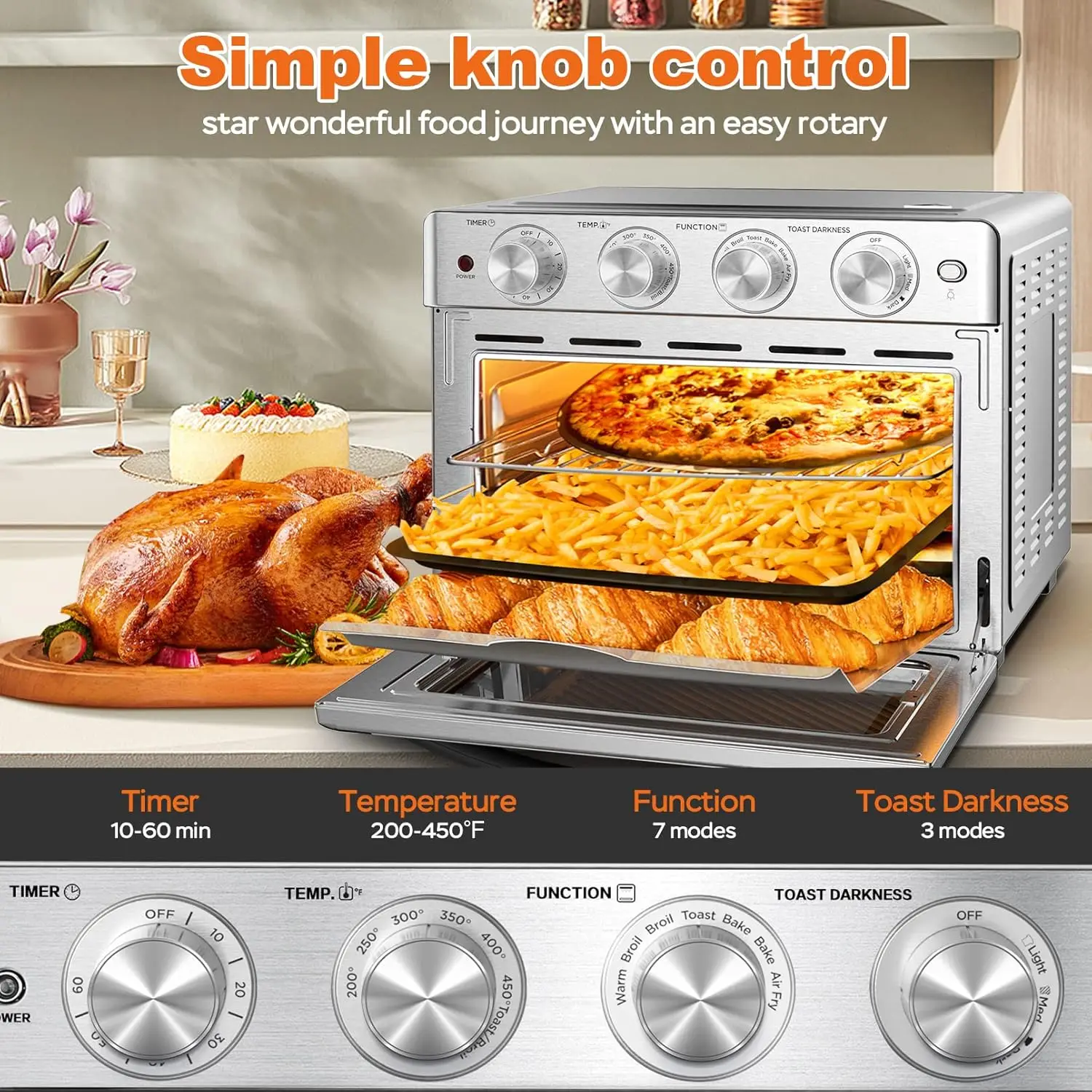 Chef Air Fryer Oven 26 QT, Big Air Fryer, Toast Oven with Bake, Roast, Pizza, Convection Oven, Easy to Use & Clean, 6 Slice Toas 2