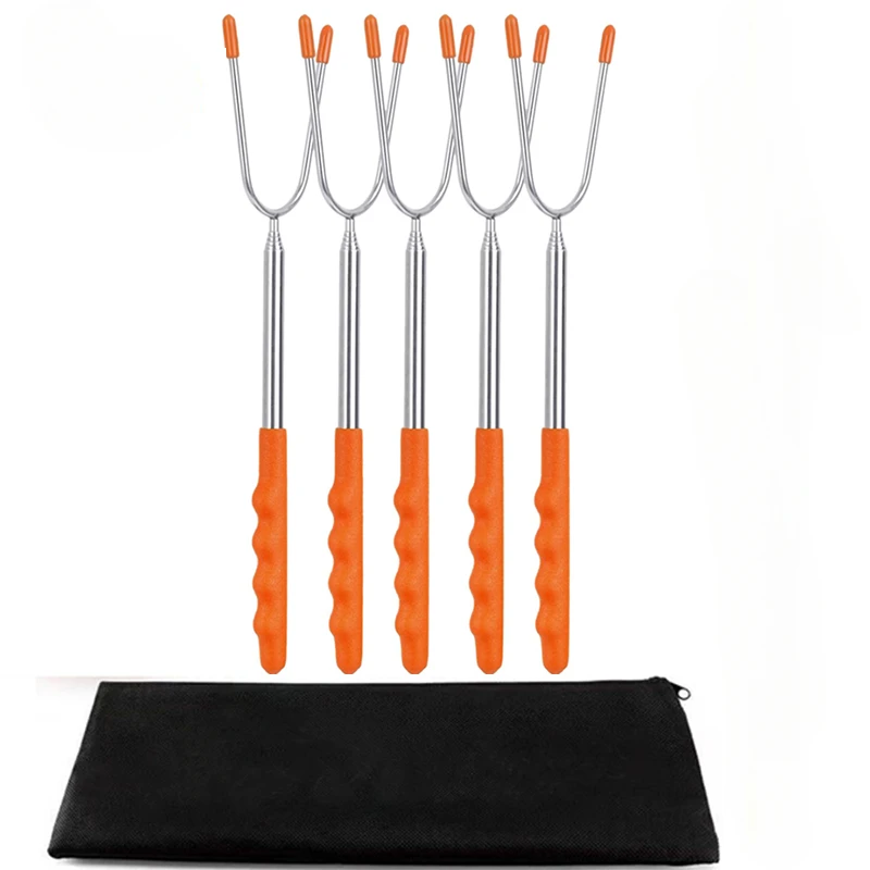 5PCS/Lot Marshmallow Roasting Sticks Skewers Hot Dog Telescoping Rotating Forks Extra Long 45 Inch Stainless BBQ Barbecue Forks