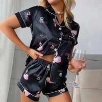 Women's Pajama Pj Set Heart Print Satin Pyjama Casual Short Sleeve Lapel Collar Tops & Pants Sleepwear & Loungewear for Adults