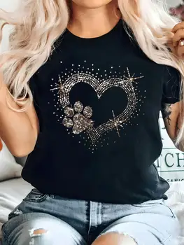 Plus Size, Women's Oversized Black & Golden Glitter Heart Paw Print T-Shirt - Sparkling Rhinestone-Like Pet-Friendly Design, Plus Size Loose Fit Round Neck Short Sleeve Top for Casual Summer Outfits, Dog Lovers (Machine Washable), 2D Flat