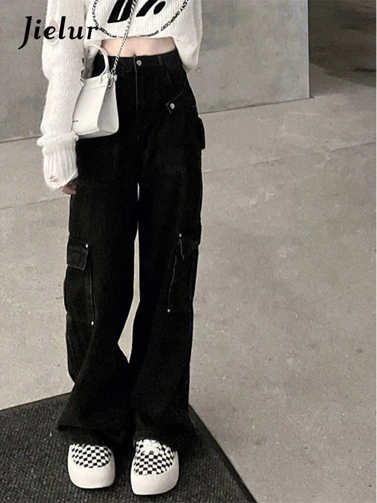 

Vintage Black Jeans for Women Spring Summer Straight Workwear Wide-Leg Denim Pants Fashion Strwear Casual Cargo Jeans