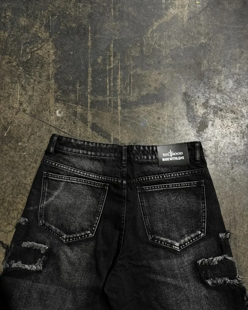 Cross raw edge embroidery design oversized y2k denim shorts mens summer street hip hop distressed washed sweatpants