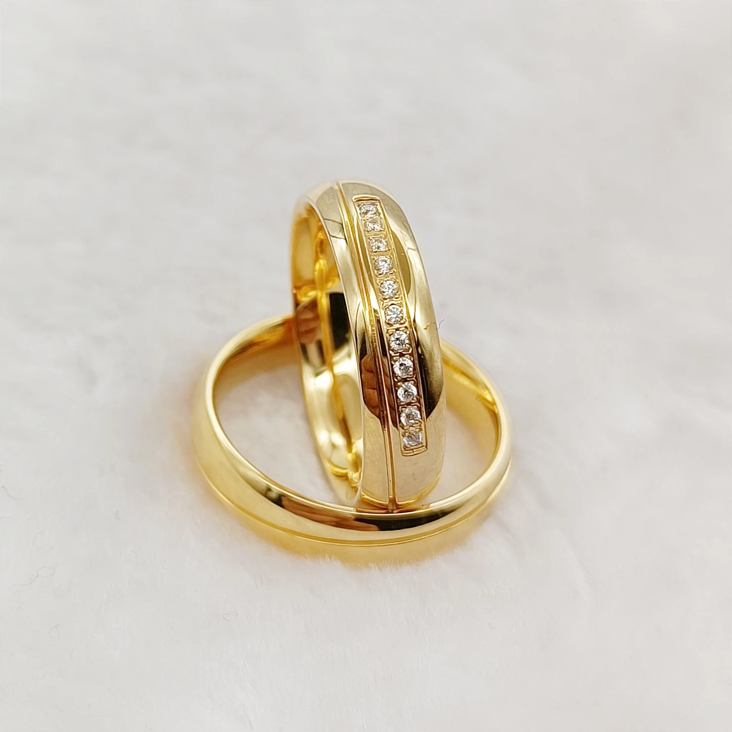 Ringheart His & Hers Couple Rings Set - Women's CZ Engagement Ring & Men's 8mm Titanium Steel Wedding Band (Gold Plated) - View #8