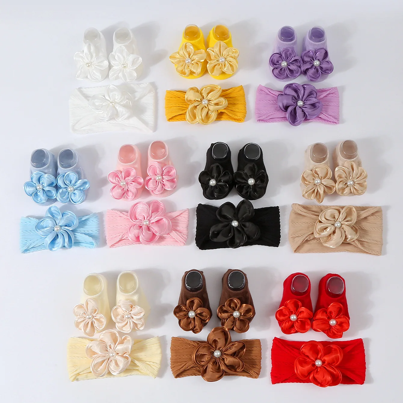 2Pcs 꽃 머리띠 양말 세트 소녀 귀여운 진주 탄성 헤어 밴드 터번 솔리드 소프트 양말 키즈 액세서리