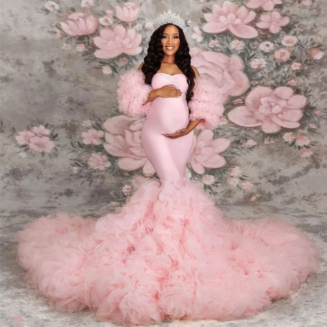

Stretch Pink Mermaid Maternity Dresses Photoshoot Puffy Sleeves Ruffled Tulle Maternity Photography Dress Pregnant Women Gowns