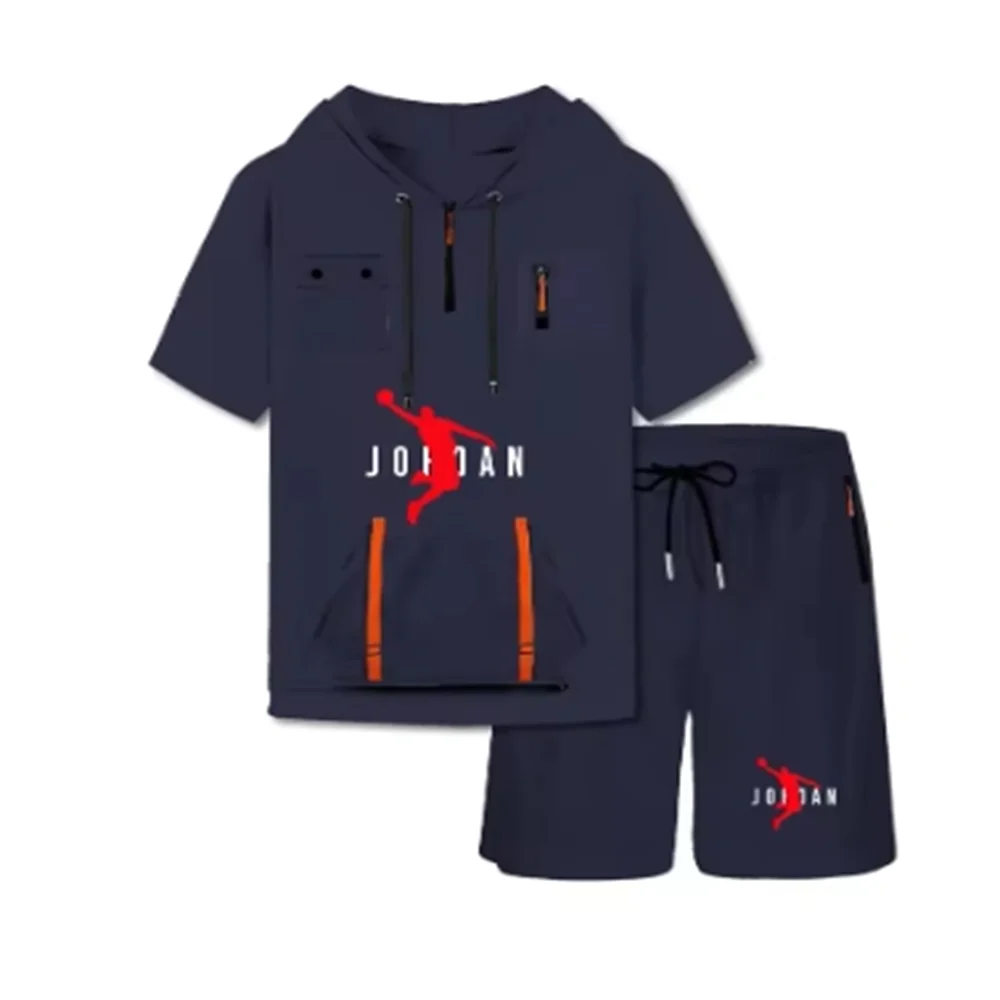 2025 Summer Thin Men's Sports Suit 2-piece Set fashion Casual Hooded Quick Dry Running Exercise Clothes Short Sleeve Shorts suit 6