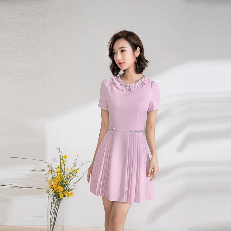 

MIUXIMAO 2022 High Quality Spring&Summer Elegant Dress Short Sleeve O-Neck Solid Diamond Fold Fashion Mini Dress Women Vestides