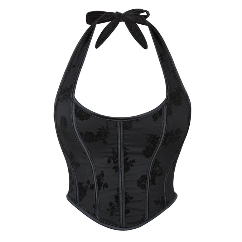 Sexy Women Halter Corset Vintage Floral Print Overbust Bustier Lace Up Boned Body Shaper Corselet Crop Top Vest for Party Club