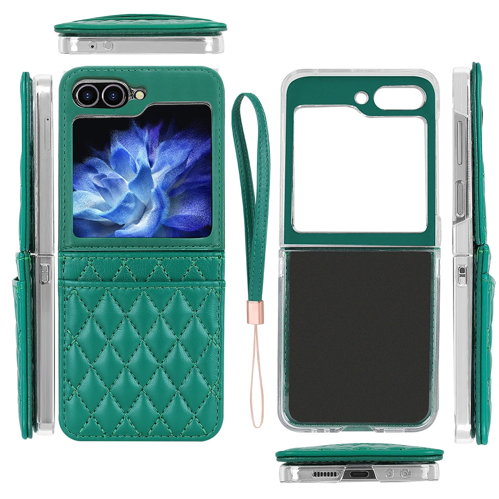 Luxury Vertical Cards Solt Leather Wallet Case for Samsung Galaxy Z Flip 6 5 4 3 5G Flip6 Flip5 Hand Strap Diamond Hinge Cover_voghion.com