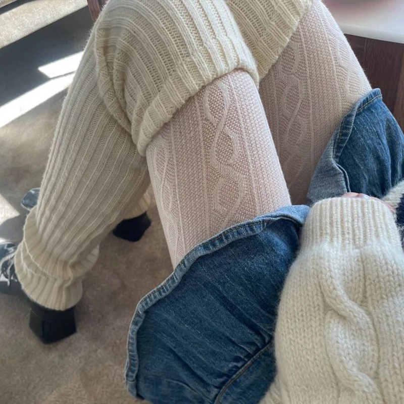 Description Picture 6 of item40-75CM Length Wool Knitted Leg Warmers White Black Lolita Foot Cover Legging Winter Crochet Boot Cuffs Stockings Long Socks