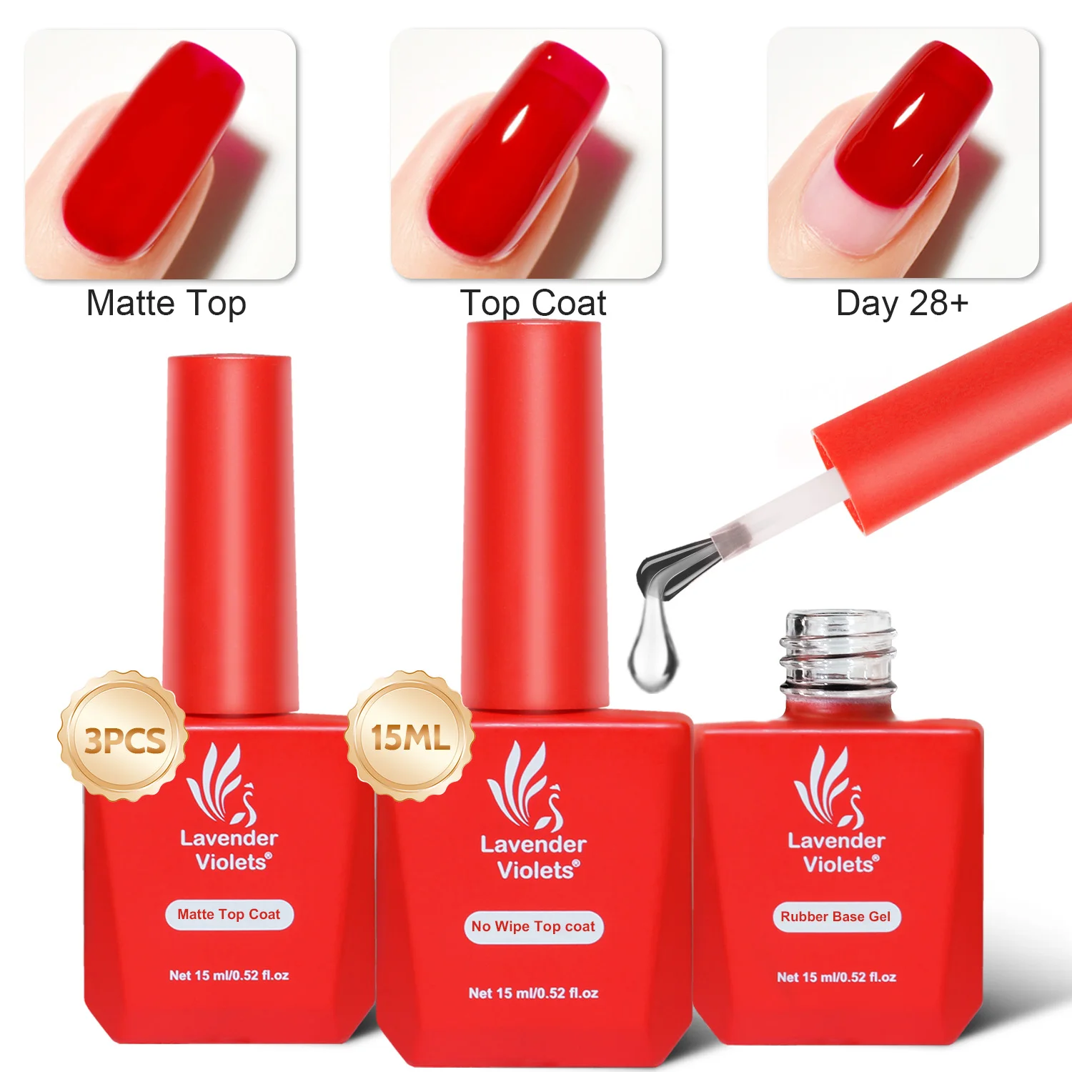 3pcs 15ml Rubber Base Gel, No Wipe Glossy & Matte Top Coat, Soak Off Gel Nail Polish Need Cured Easy to Use for Nail Art Design