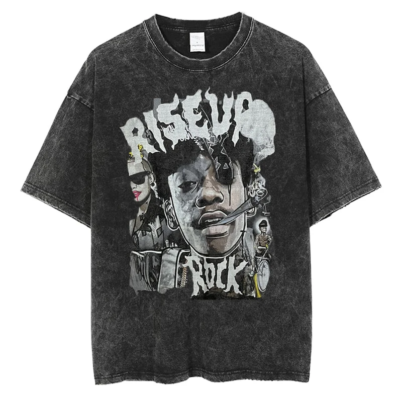 

Men's T Shirt High Quality Cotton Washed Vintage Oversized Tee For Hip Hop Fashion Summer t-shirt Streetwear Men Clothe Black