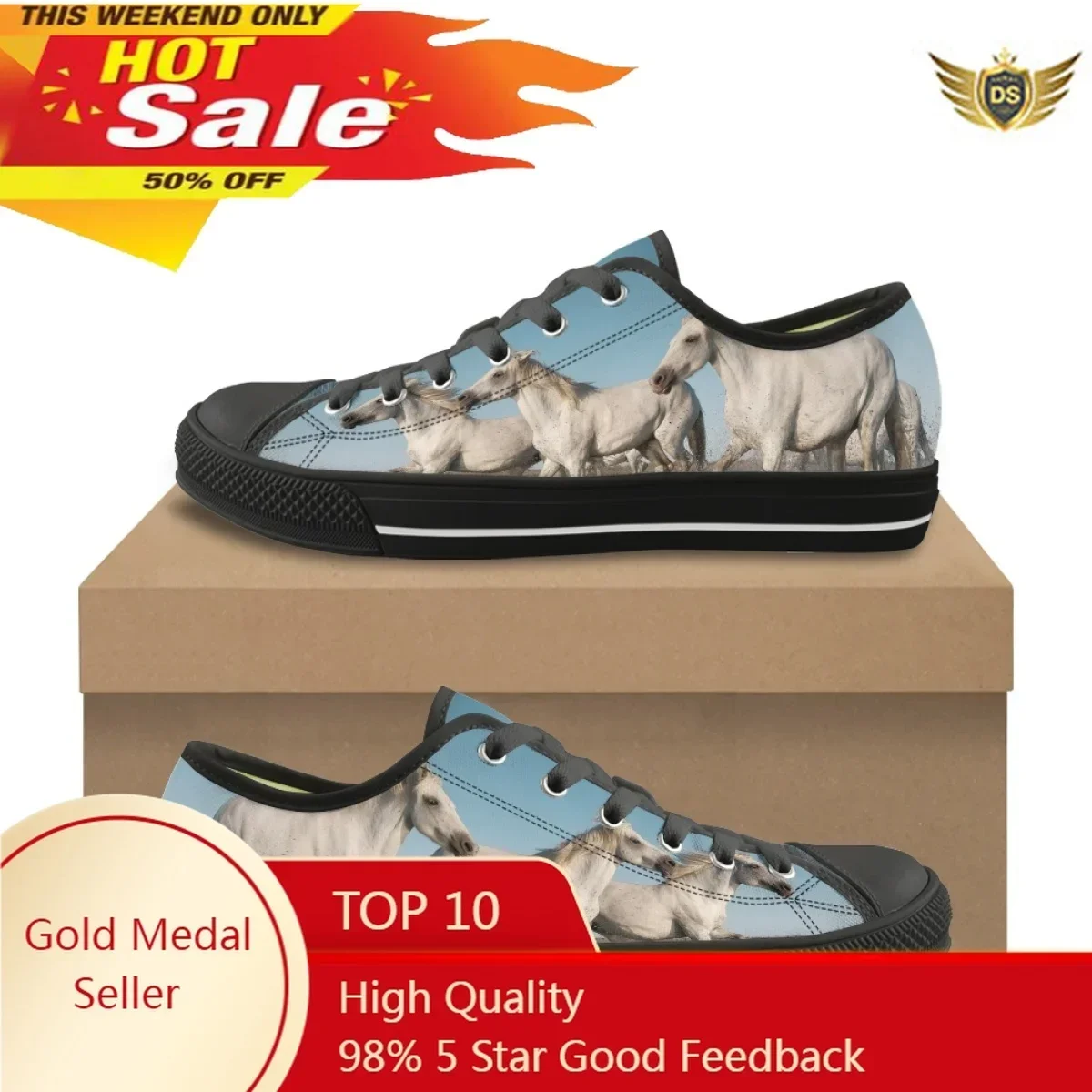 Student Low Top Canvas Shoes Fashion Classic Lace Up Casual Flat Shoes Running Horse Art Print Outdoor Sports Shoes For Women