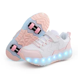 Children's LED Luminous USB-Charging Light-Up Roller Skates Sneakers - 30 (LB-1877-White pink)