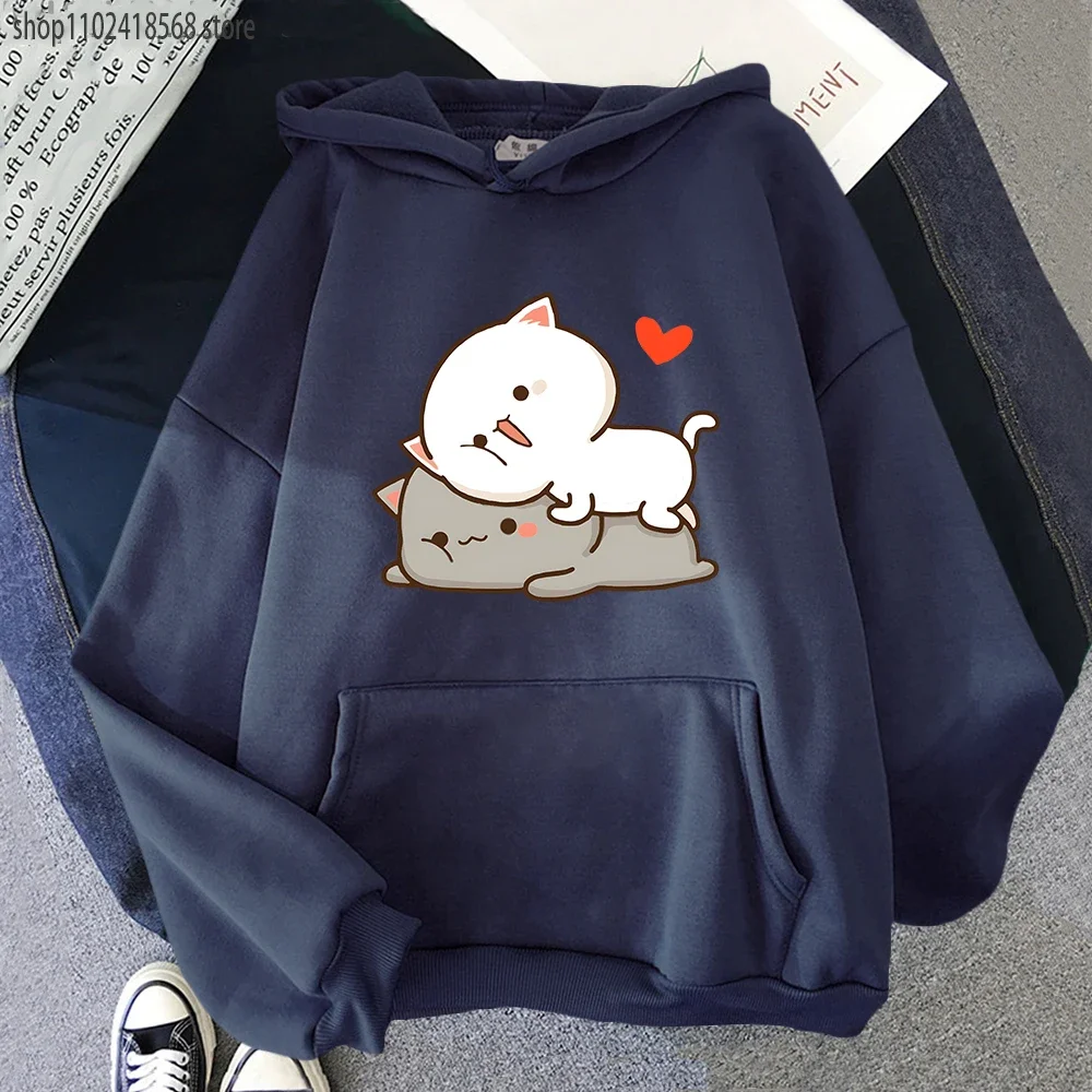 Peach Cat Print Hoodie Kawaii Cartoon Goma Mochi Sweatshirt Women's Clothing Femme Korean Style Streetwear Men Harajuku Hoody