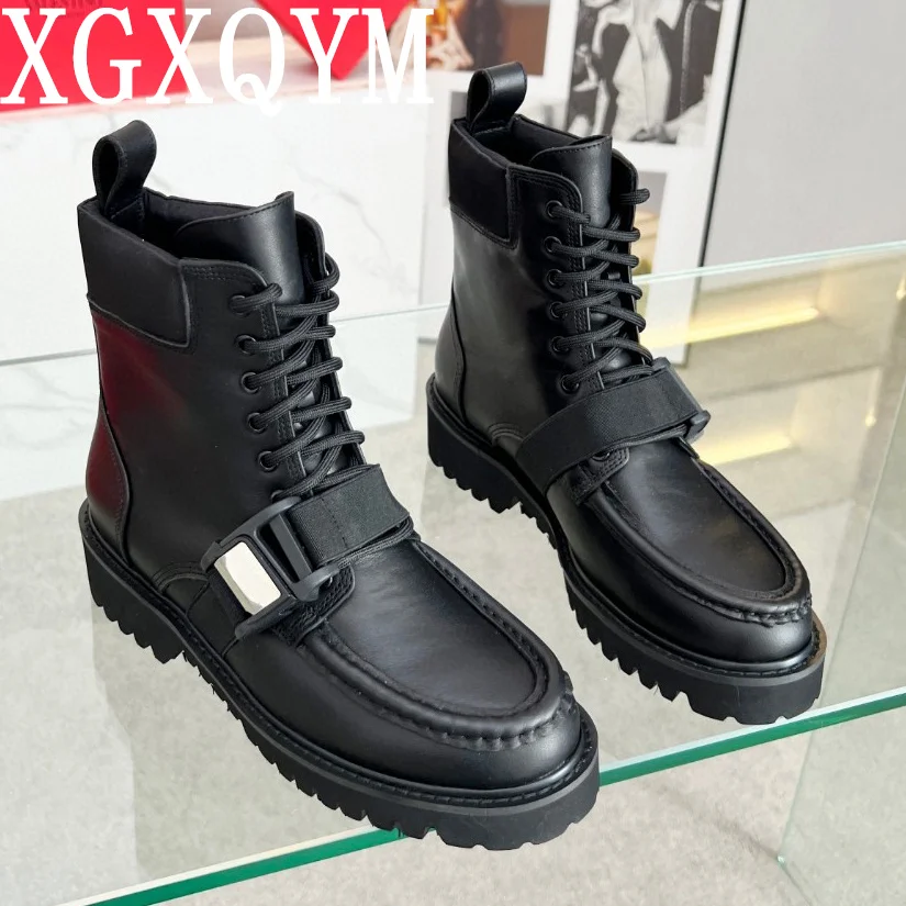 

Women Autumn Winter Genuine Leather Flat Thick Sole Short Boots Belt Buckle Decor Ankle Botas Lace-up Versatile Casual Boots