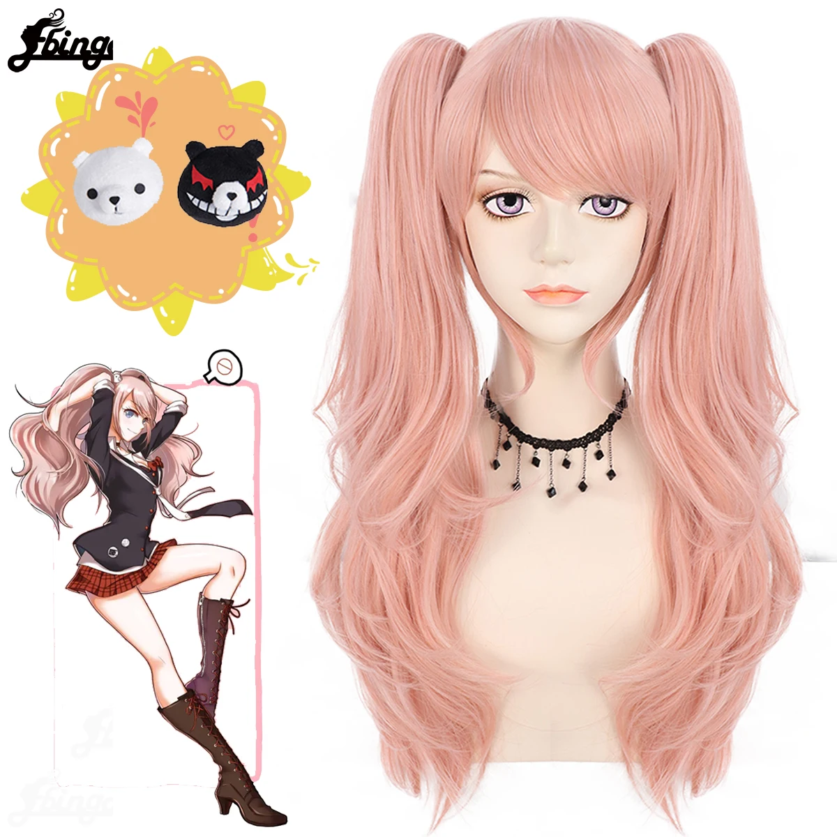 Ebingoo Synthetic Wig Danganronpa Enoshima Junko Cosplay Wig Long Pink Wavy and Horsetail Clip Heat Resistant Cosplay Hair Wigs