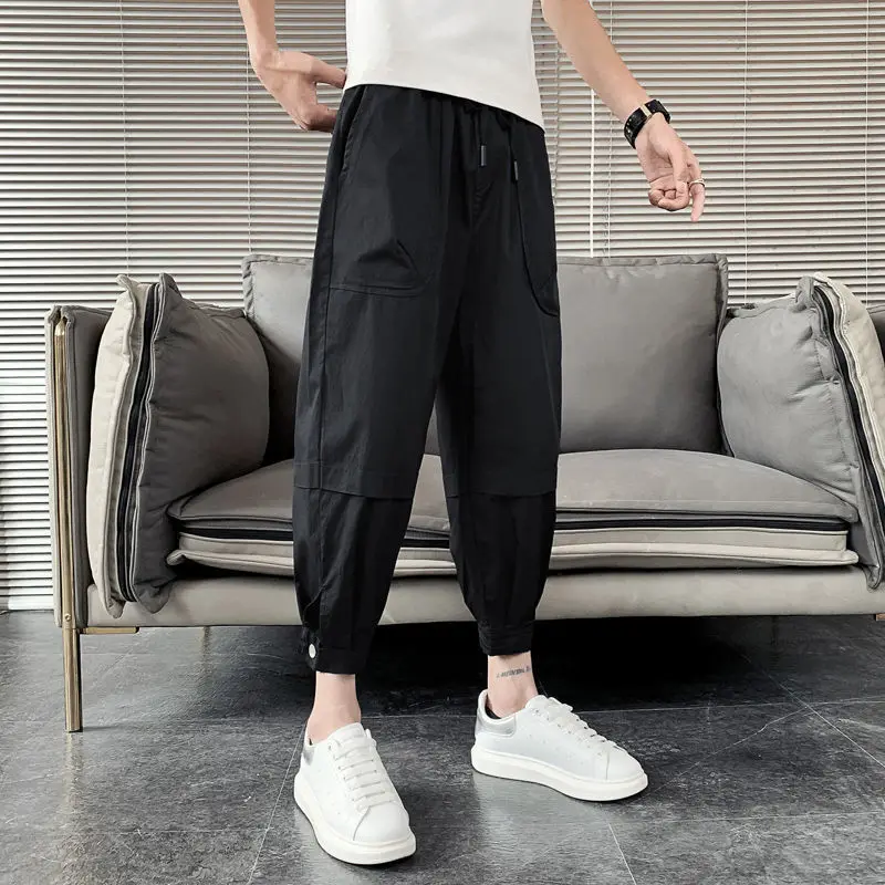 Thin Style Harlan Pants Summer Fashion Trendy All-match Loose Casual Patchwork Elastic Pockets Drawstring Young Style Trousers