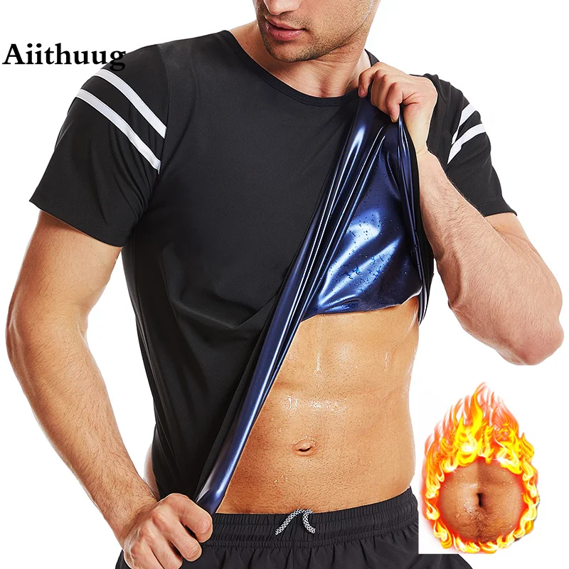 Sweat Sauna Suit Men Waist Trainer Body Shaper Short Sleeve White Stripe Body Building Corsets Gym Shirts Weight Loss
