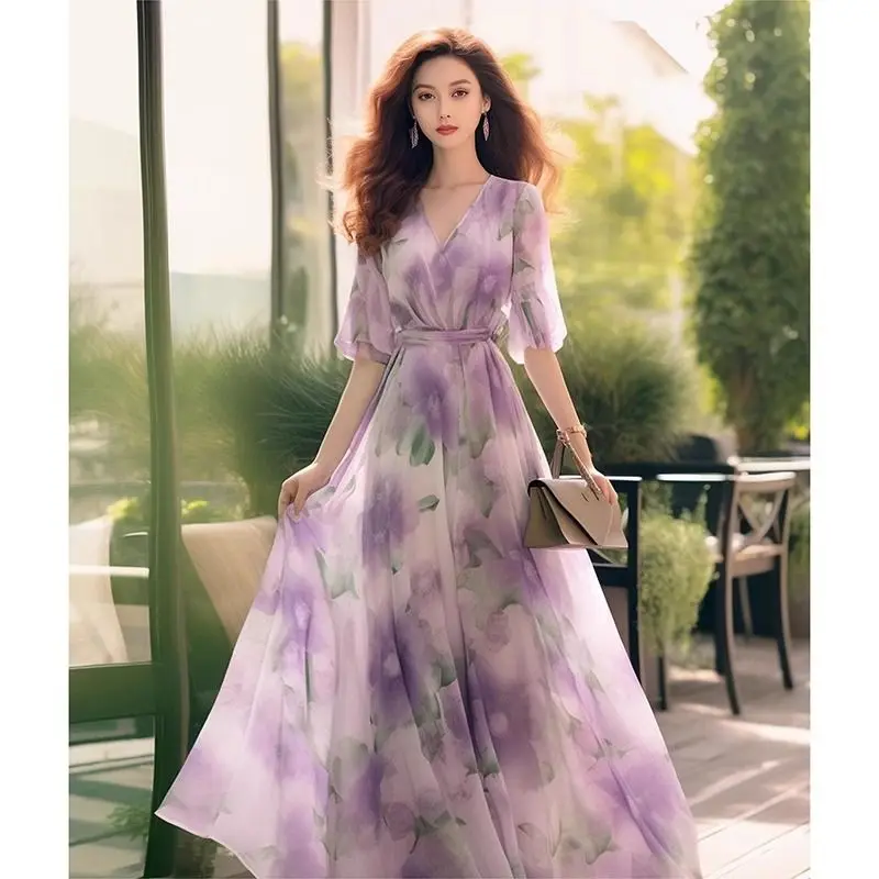 

New Arrival 2024 Dress for Women, Floral Chiffon Dress with Zipper and V-Neckline, Perfect for Holiday