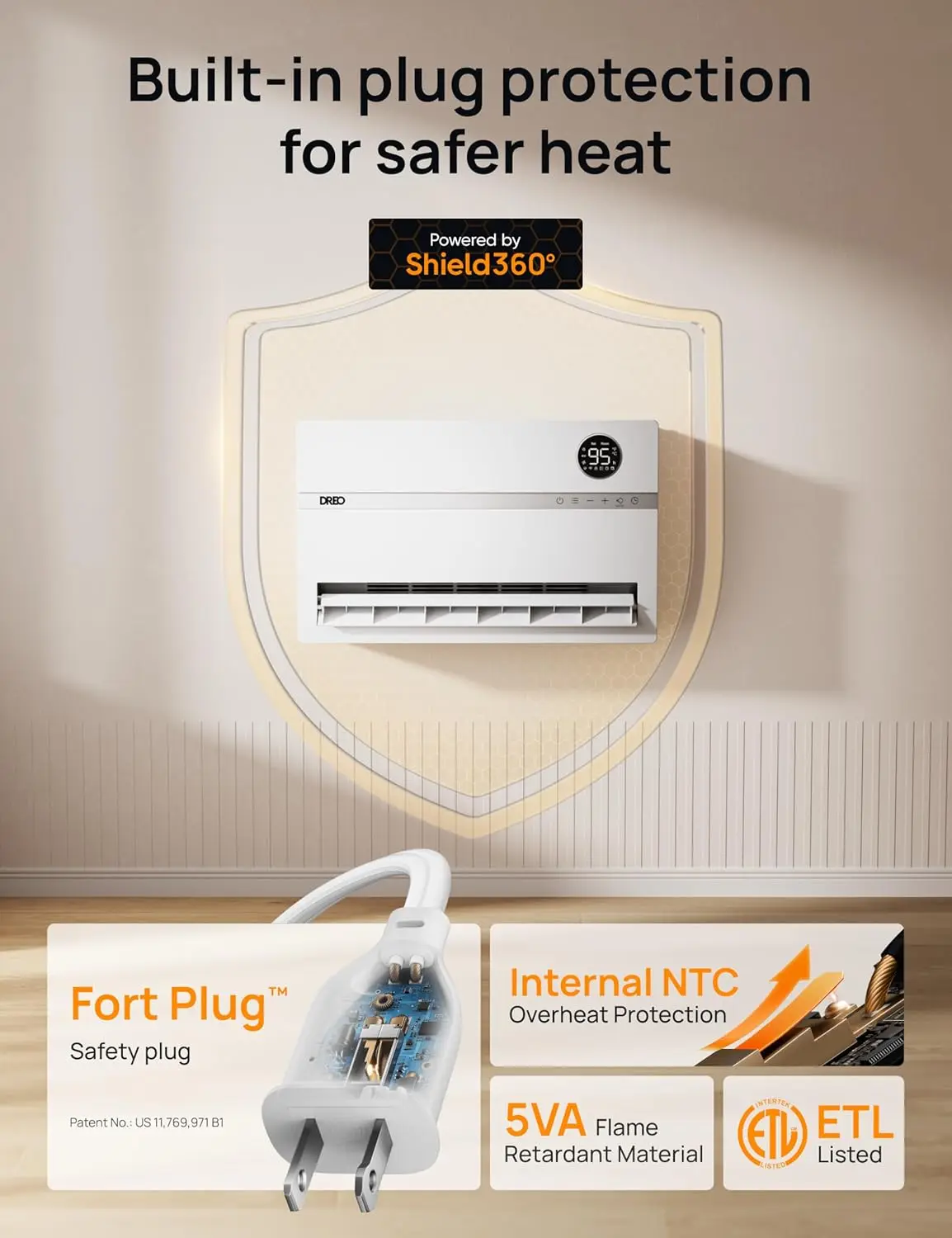 Wall-Mounted Heater, Smart Space Heater for Bedroom with Dreo FortPlug Overheat Protection, 120&deg; Vertical Oscillation, Thermosta