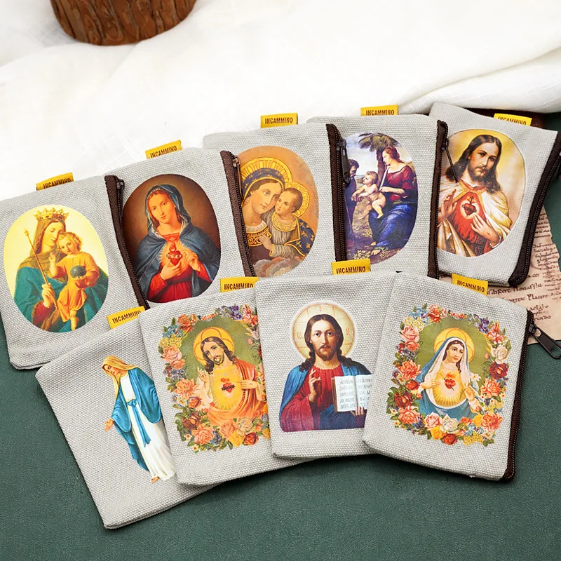 9x7cm Virgin Mary Jesus Prayer Rosary Bag Coin Purse Religious Jewelry Storage Box Prayer Beads Rosary Box Christian Gifts