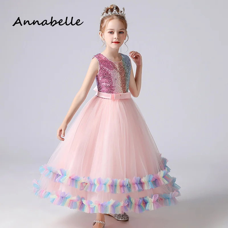 Annabelle Flower Girl Dress Puffy Lace Flower Baby Wedding Bow Dress Priness Girl Bow Abito Da Damigella D'Onore Senza Maniche Con Scollo A O