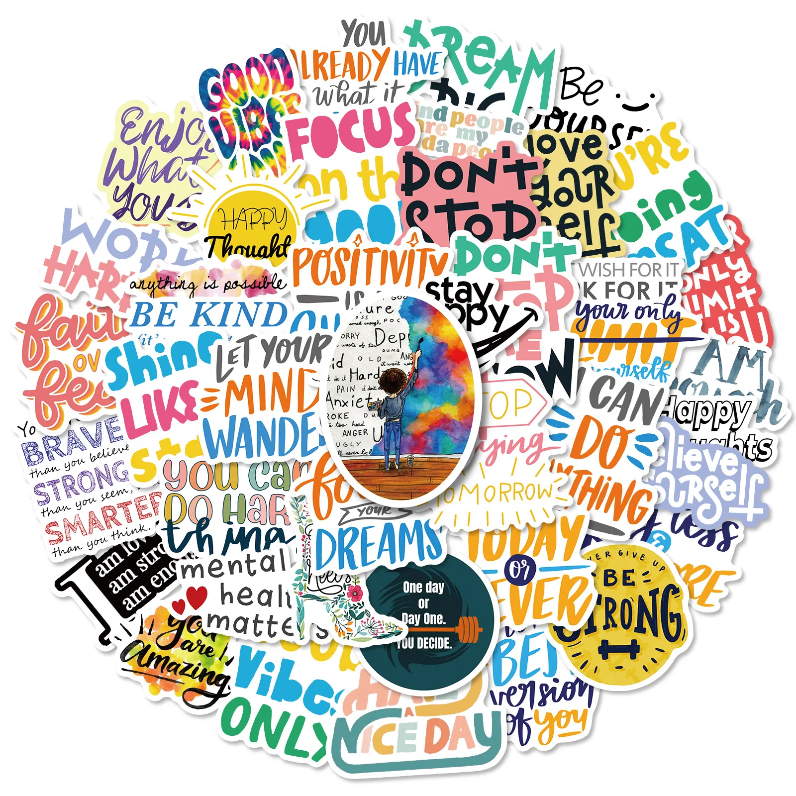 50pcs Inspirational Text Slogans English Collage Material Pattern Cute Student Learning Waterproof Stickers