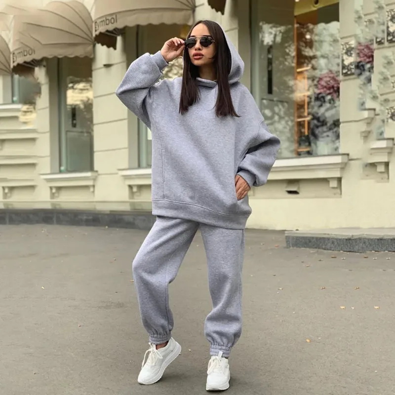 Women Solid Color Warm Hoodies Loose Pants Sets Fall Winter Sports Pullovers Trousers 2 Piece Set 2023 Casual Sportswear Suit