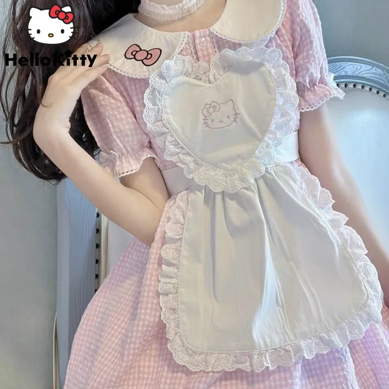 

Kawaii Sanrio Hello Kitty Sweet Lolita Lace Dress Women Y2k Preppy Cute Cartoon Printed Maid Attire Fashion Pink Bow Tie Dress