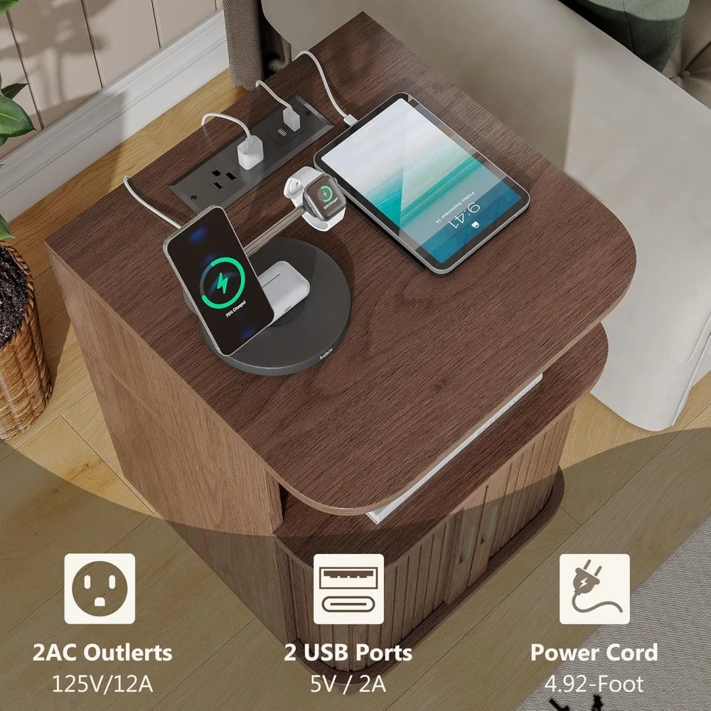 fluted nightstand set with charging station of 2, mid century modern end table with sliding tambour doors, curved accent wood b