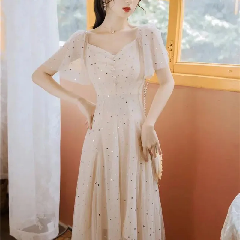 

Sweet V-Neck Solid Color Spliced Folds Sequined Mesh Long Dress Female Clothing 2023 Summer New Loose Office Lady Princess Dress