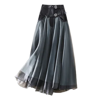 Vintage Goth A-Line Tulle Maxi Skirt, Women's High Waisted Mesh Splicing Long Skirt with Double Buckle Belt Flowy Party Skirt 1